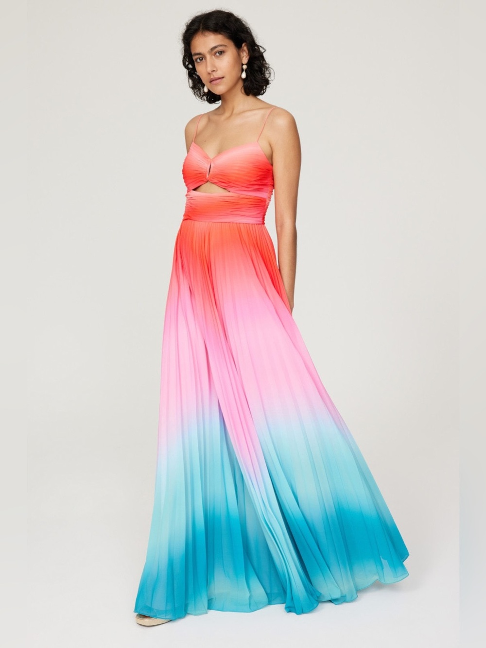AMUR $698 Emmett Pleated Gown in Ombré Sunset Orange blue Maxi dress size 4